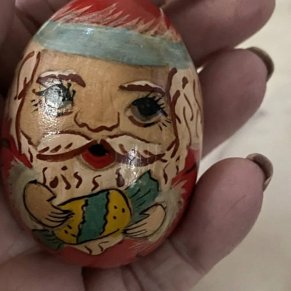 Vintage Hand Painted Wood Egg Folk Art Santa Claus St Nikolas European Set of 3